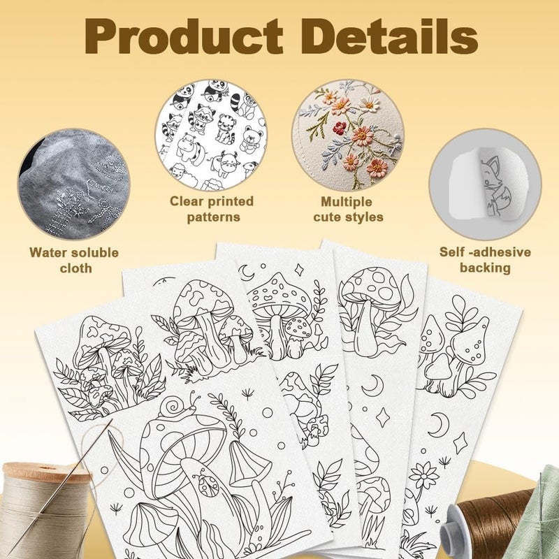 DOODLREAM 15Pcs Mushroom and Plant Embroidery Pattern Stabilizers, 8.3"x11.7" Mushroom Water Soluble Stick and Stitch Embroidery Stickers, 4 Sheets Hand Sewing DIY Plant Embroidery Paper - Image 3